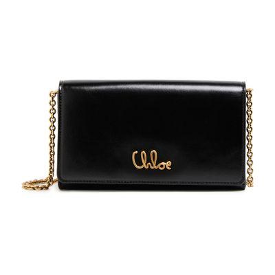 CHLOÉ Iconic Flap Wallet On Chain In Shiny Calfskin In Black Product Image
