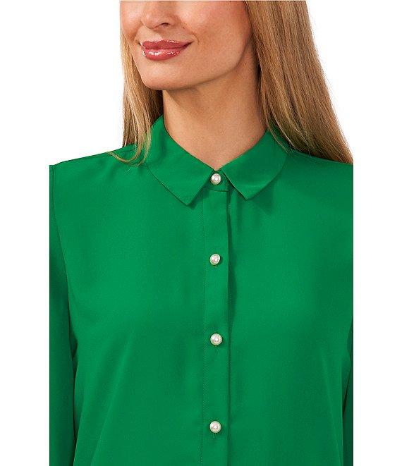 CeCe Heavy Georgette Point Collar Long Sleeve Pearl Button Front Shirt Product Image
