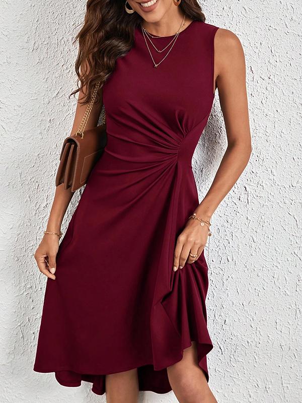 A-Line High Waisted Asymmetric Pleated Solid Color Split-Joint Round-Neck Midi Dresses Product Image