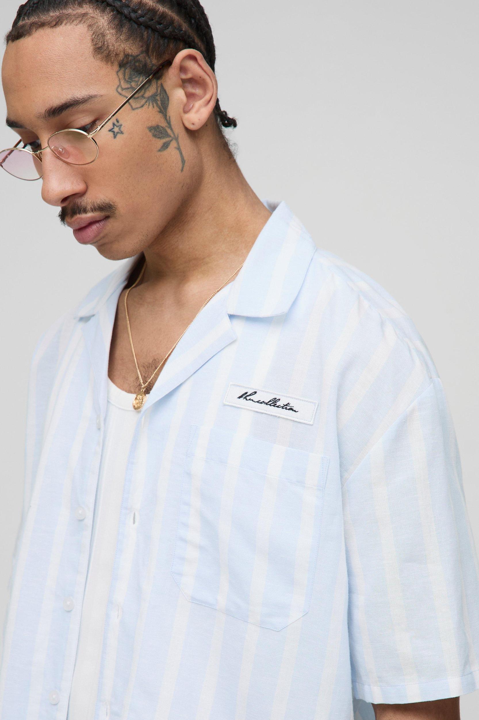 Oversized Boxy Linen Look Stripe Pocket Detail Shirt | boohooMAN USA Product Image