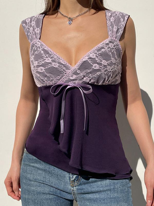 Lace Patchwork Bow Irregular Tank Top Product Image