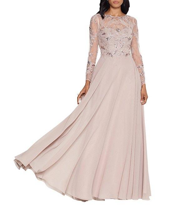 Xscape Illusion Crew Neck Long Sleeve Floral Beaded Bodice Chiffon Gown Product Image