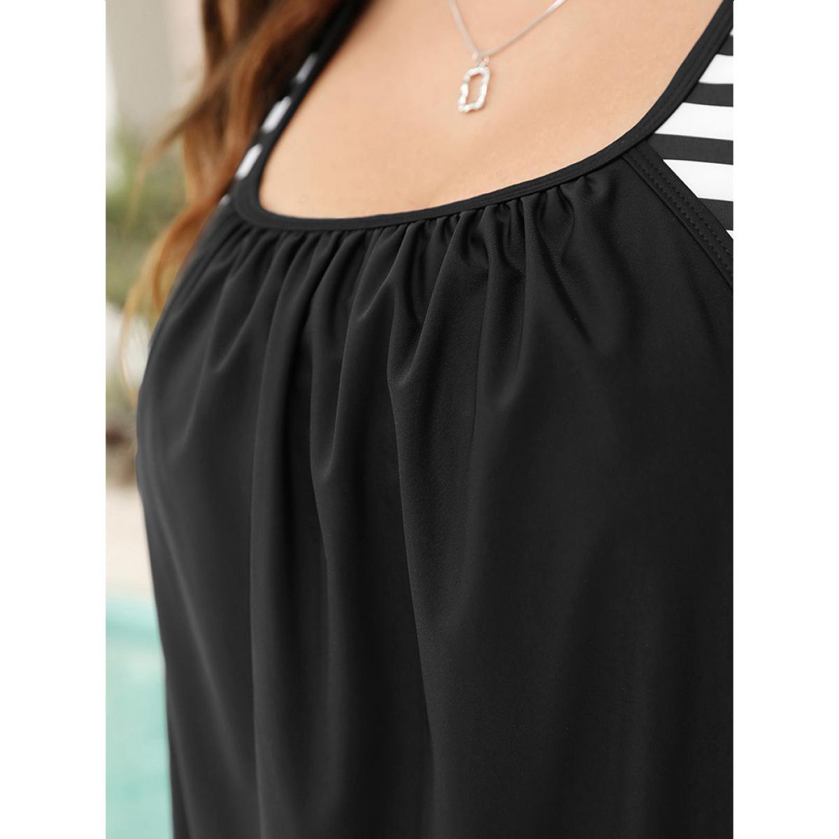 Plus Size Striped Patchwork Gathered Crossover Back Tankini Top Women's Swimwear Black Vacation Adjustable Straps High stretch Round Neck Curve Swim Tops BloomChic 22-24/3X Product Image