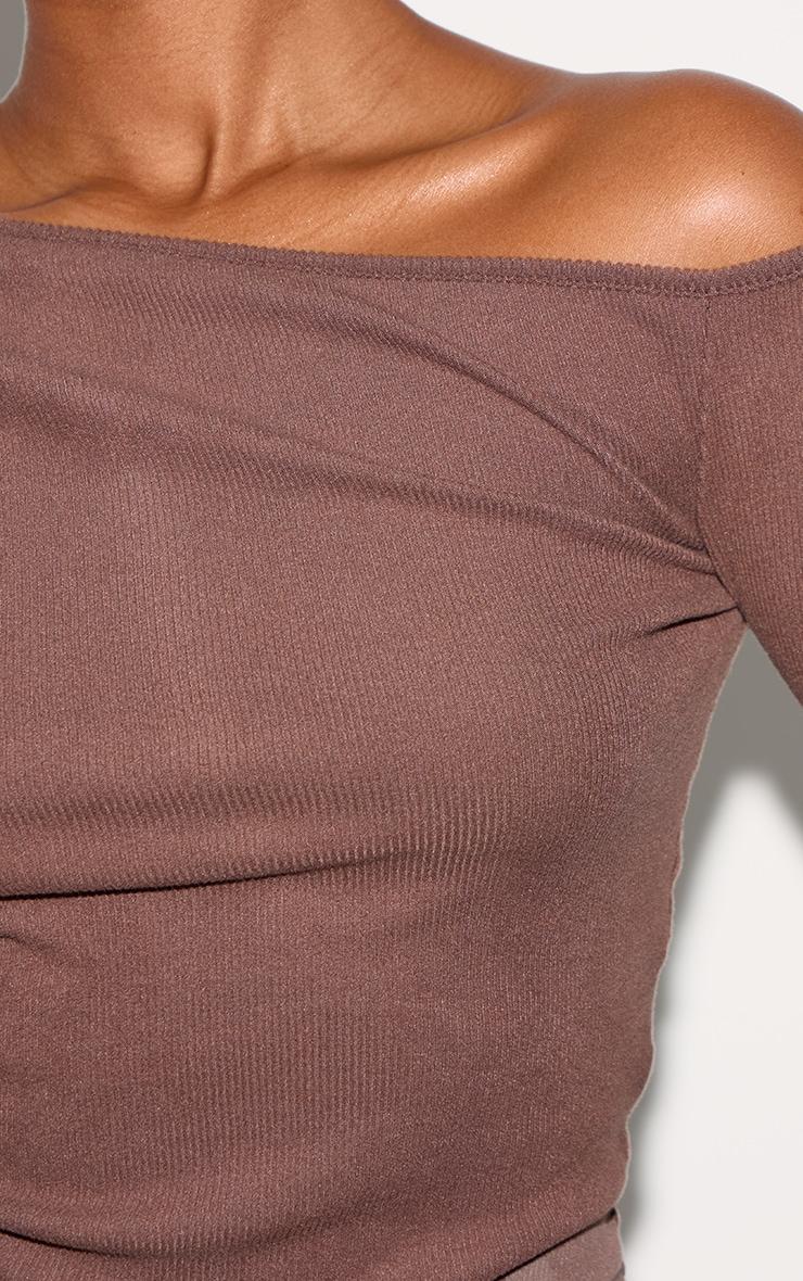 Chocolate Soft Touch Rib Asymmetric Long Sleeve Top Product Image