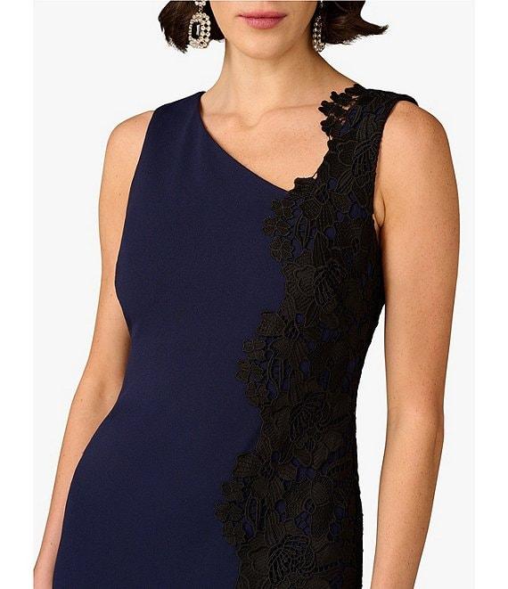 Aidan Mattox Crepe Knit Asymmetrical Neck Side Lace Panel Sheath Midi Dress Product Image
