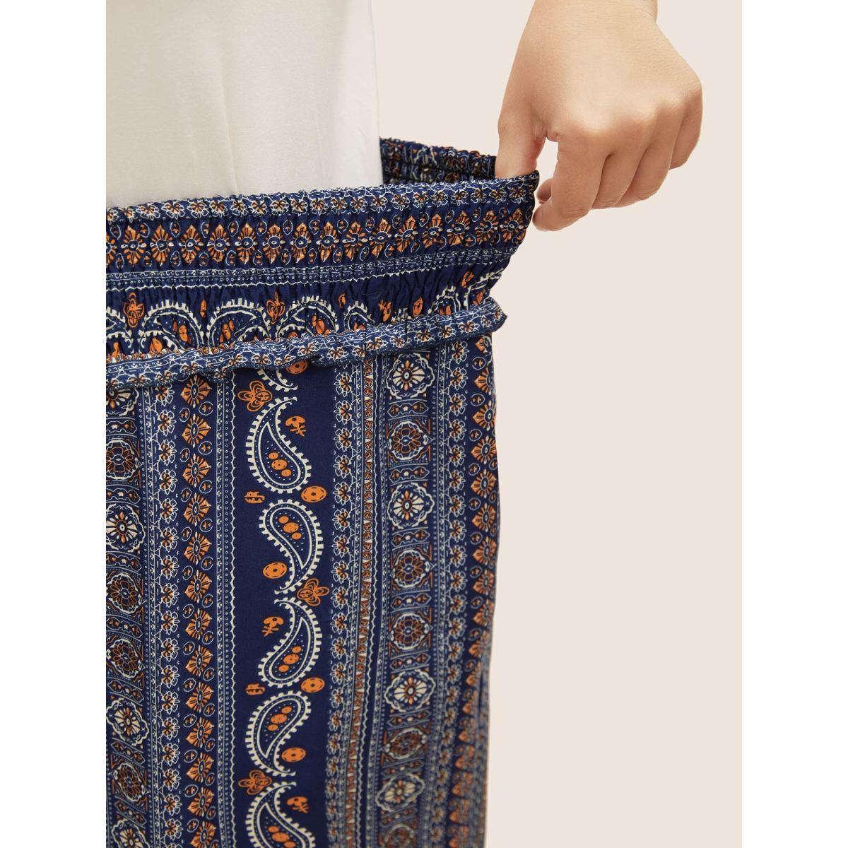 Plus Size Bandana Print Frill Trim Drawstring Pants Women Indigo Casual Wide Leg Mid Rise Everyday Pants BloomChic 14-16/1X Product Image