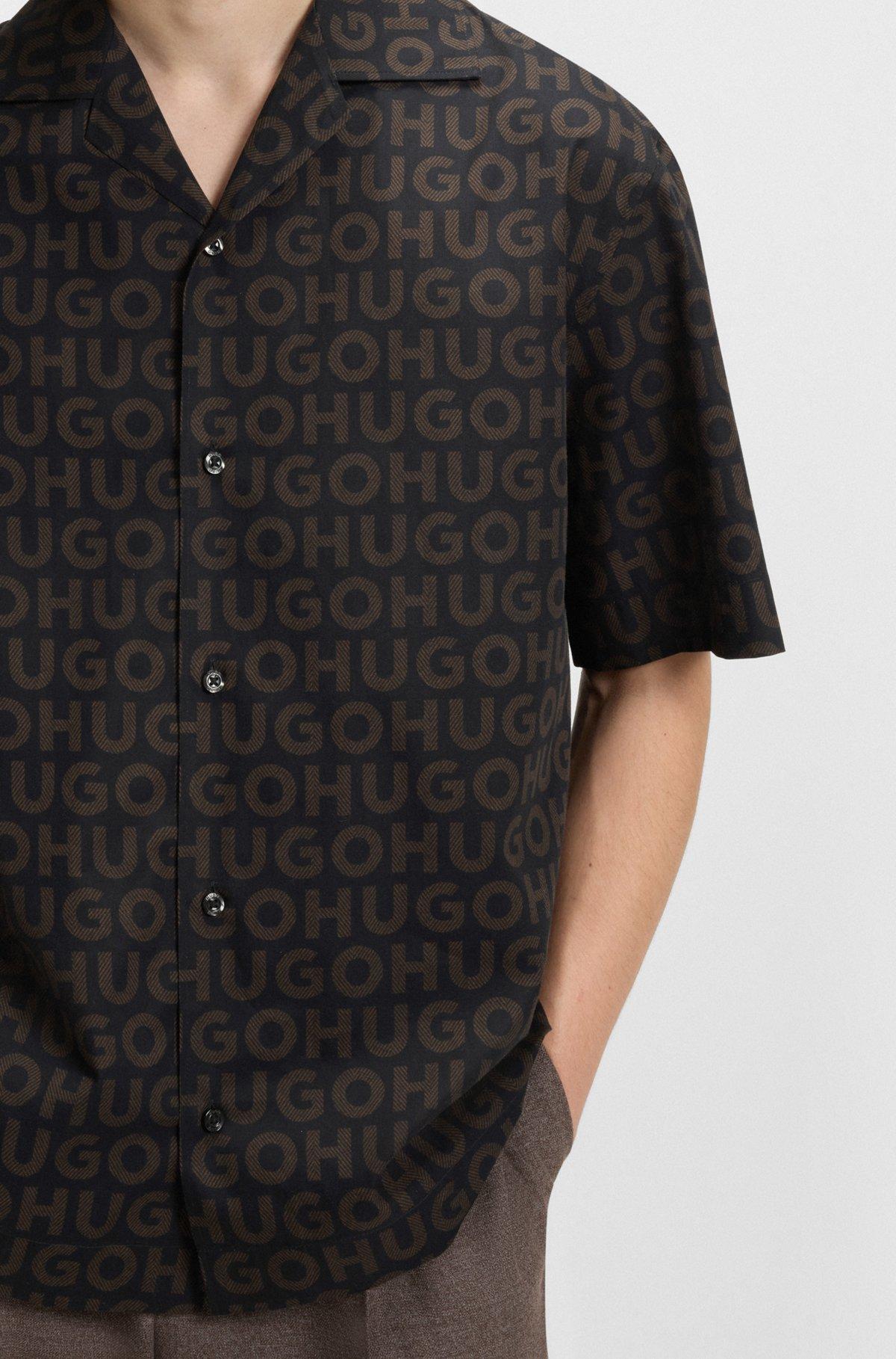 HUGO - Oversize-fit shirt in printed cotton poplin - Brown Product Image