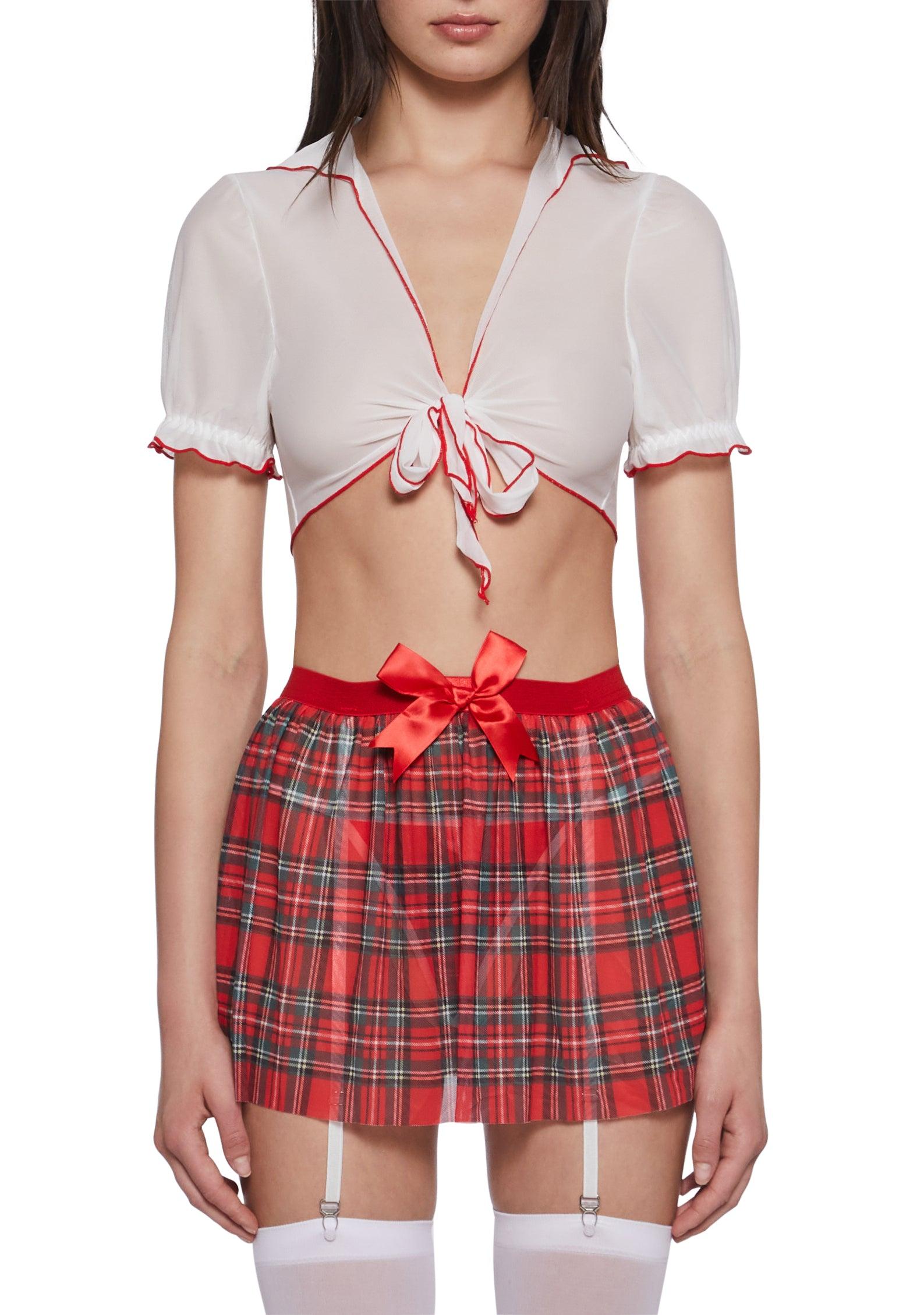 Womens Schoolgirl Lingerie Top Plaid Skirt Set - Red Product Image