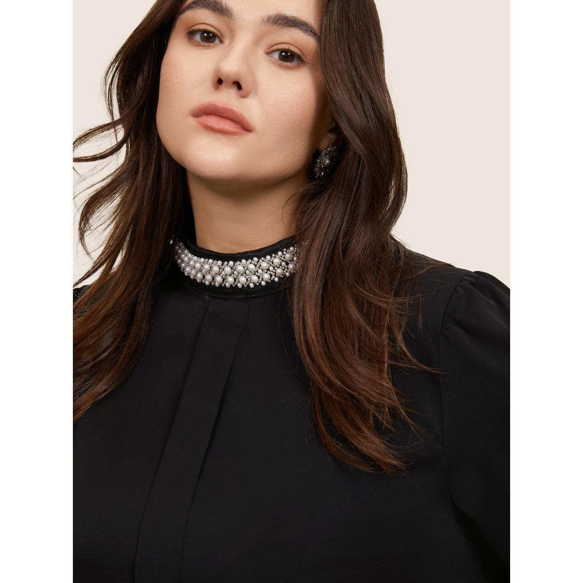 Plus Size Black Anti-Wrinkle Pearl Beaded Contrast Webbing Blouse Women Glamour Long Sleeve Round Neck Going out Blouses BloomChic 14-16/1X Product Image