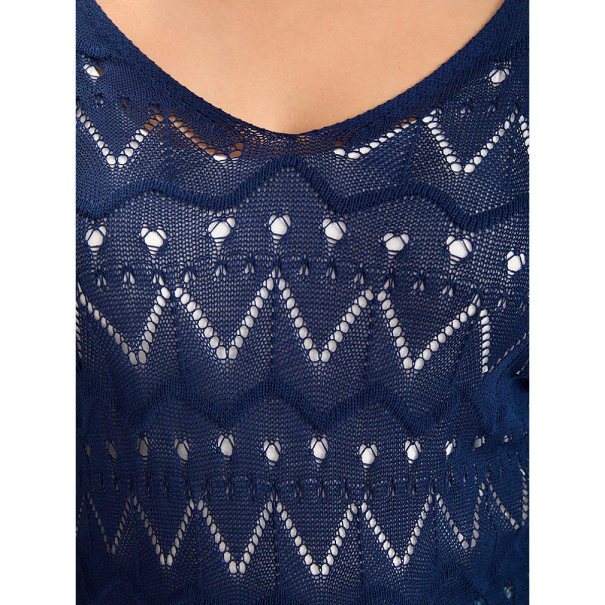 Plus Size Geometric Eyelet Scalloped Trim Drop Shoulder Pullover Indigo Women Casual Loose Long Sleeve Round Neck Dailywear Pullovers BloomChic 22-24/3X Product Image