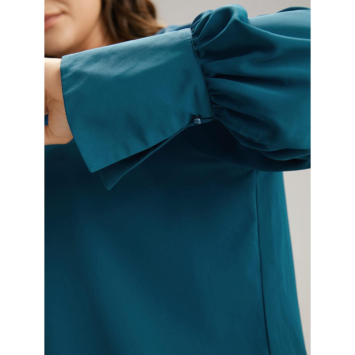 Plus Size Aegean Plain Pearl Beaded Plicated Detail Blouse Women Office Long Sleeve Round Neck Office Blouses BloomChic 12/L Product Image