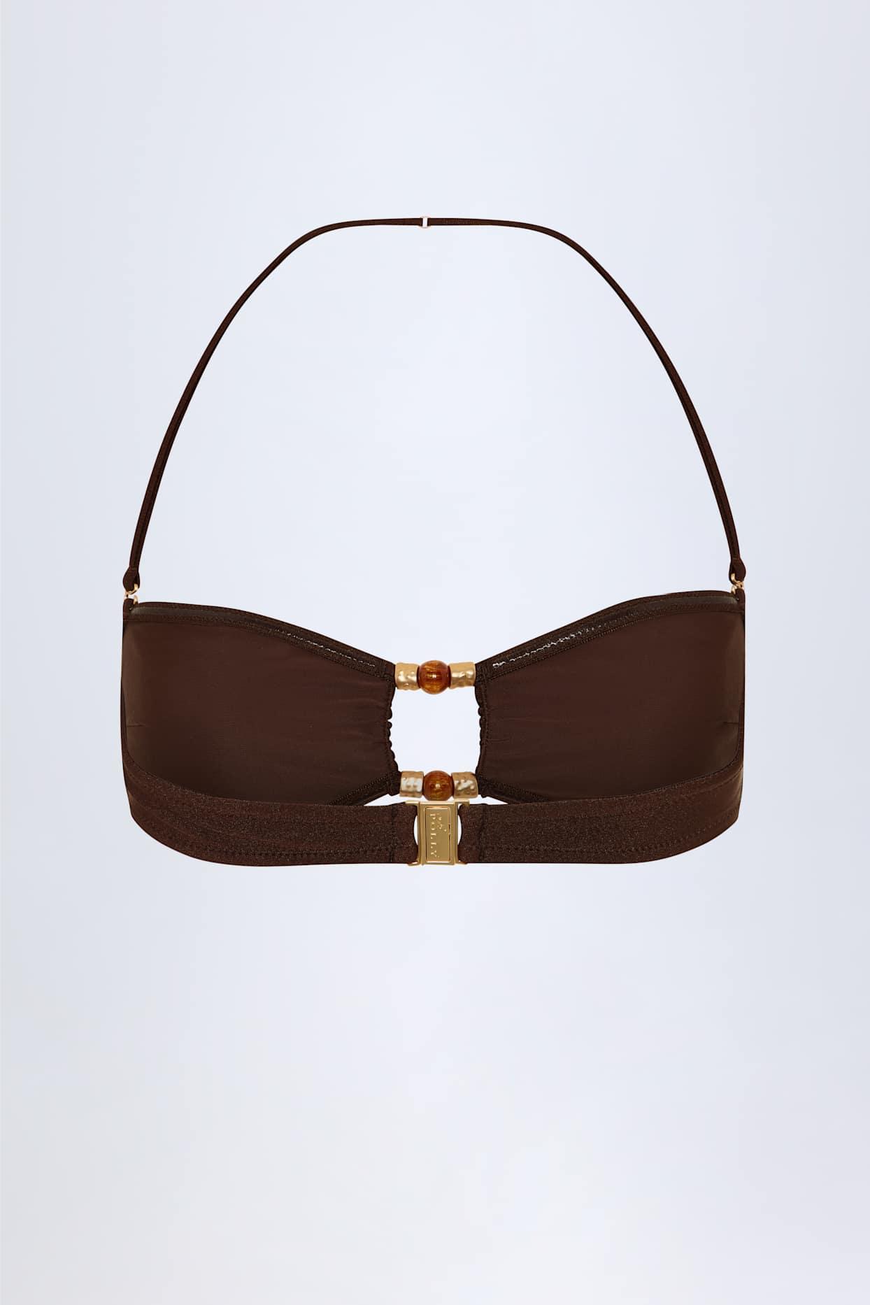 Bead-Embellished Bandeau Bikini Top in Dark Chocolate Product Image