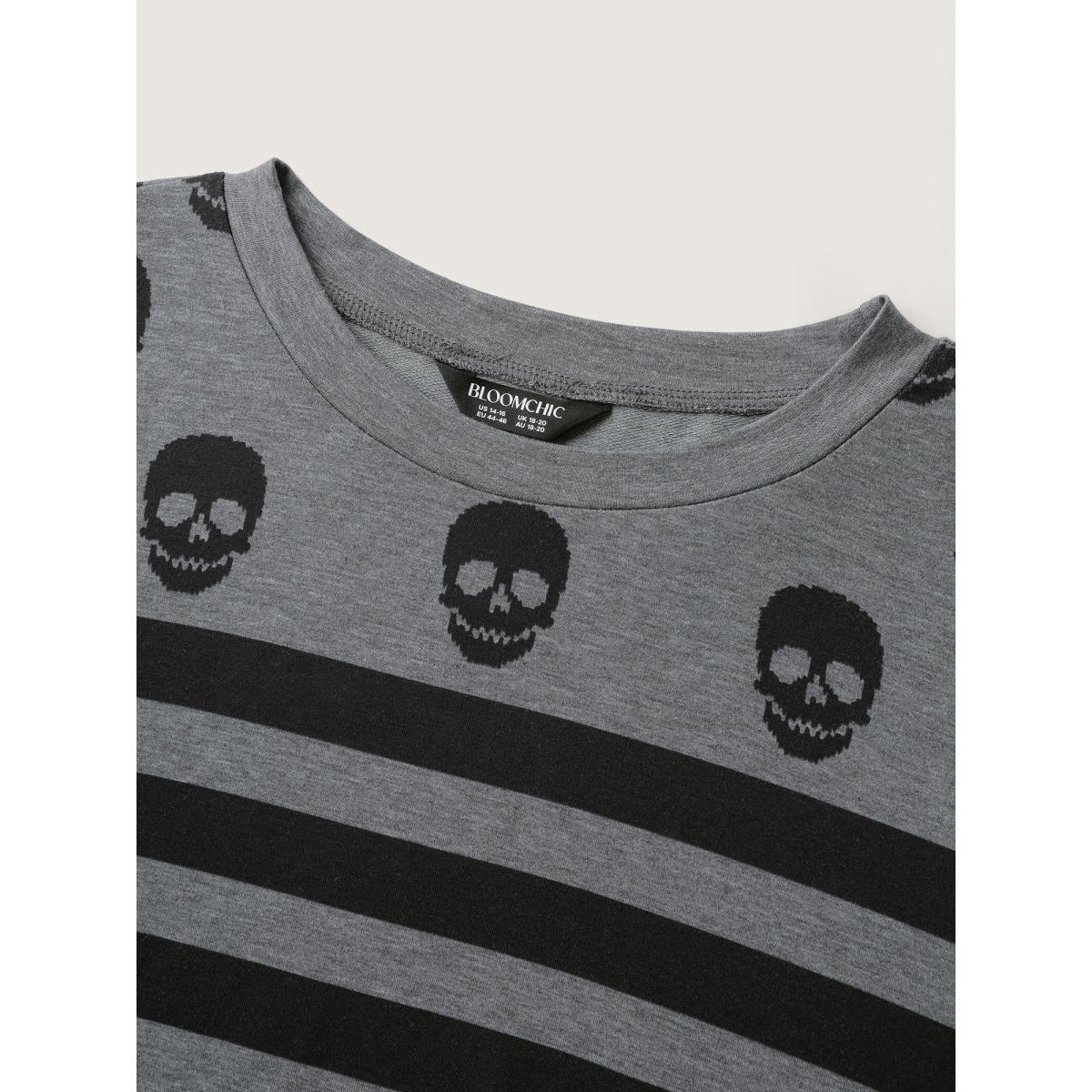 Plus Size Skull Stripe Print Crewneck Sweatshirt Women DimGray Leisure Non Round Neck Casual Sweatshirts BloomChic 22-24/3X Product Image