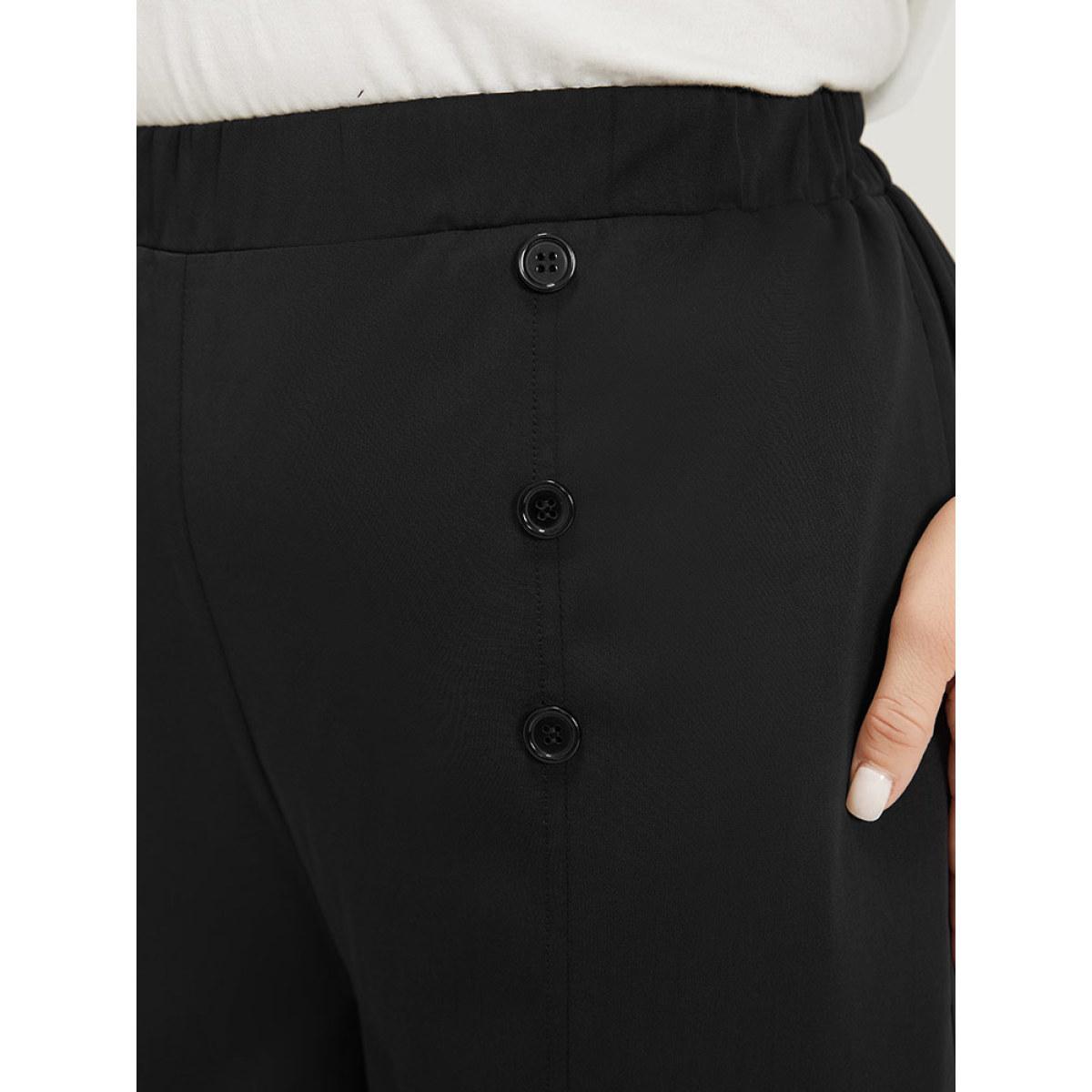 Plus Size Solid Button Detail Pocket Straight Leg Pants Women Black Office Straight Leg High Rise Work Pants BloomChic 12/L Product Image