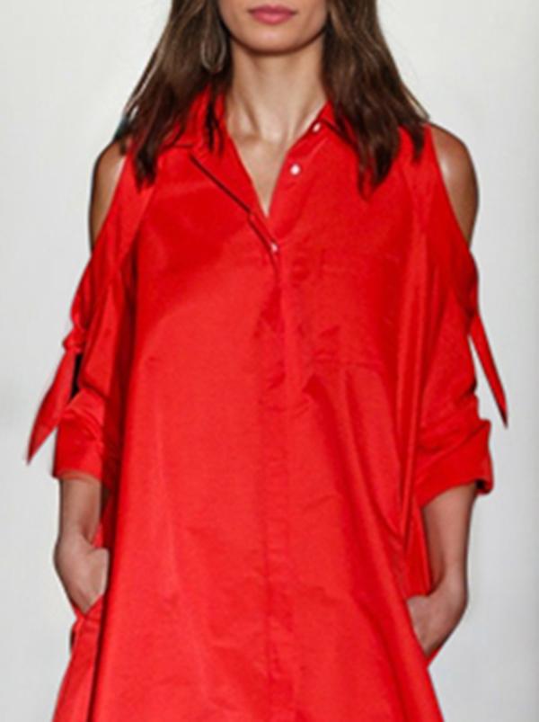 Loose Solid Color Split-Joint Cold Shoulder Mini Dresses Shirt Dress Product Image