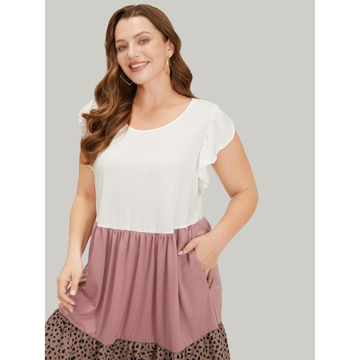 Plus Size Leopard Contrast Ruffle Trim Pocket Layered Hem Dress Multicolor Women Casual Patchwork Round Neck Cap Sleeve Curvy Midi Dress BloomChic 26/4X Product Image