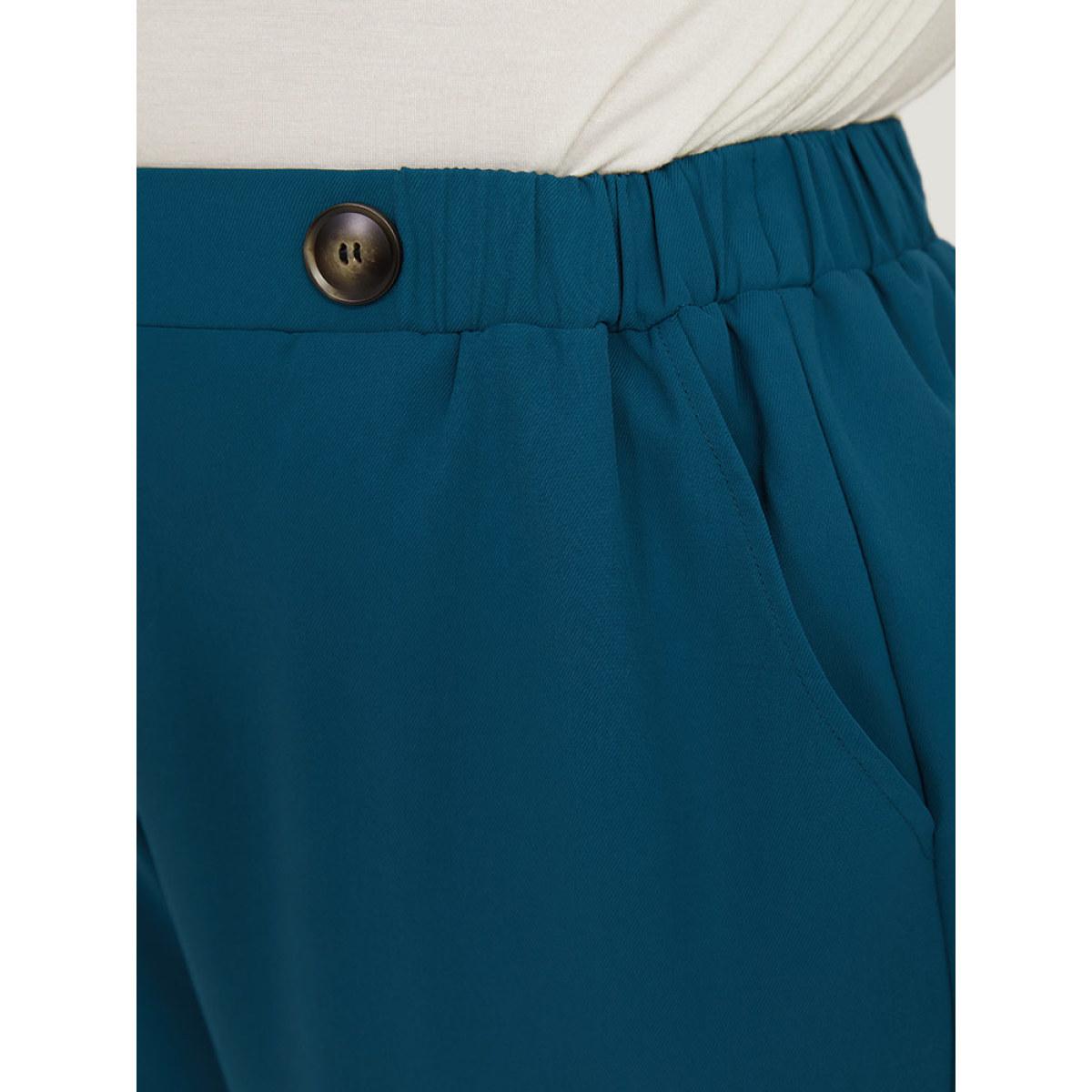 Plus Size Solid Pocket Elastic Waist Button Detail Pants Women Cyan Office Straight Leg Mid Rise Dailywear Pants BloomChic 30/6X Product Image