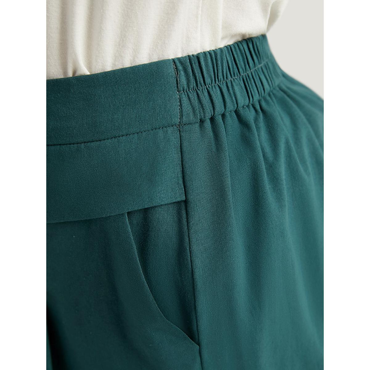 Plus Size Plain Pocket Elastic Waist Plicated Detail Pants Women Cyan Casual Straight Leg High Rise Everyday Pants BloomChic 18-20/2X Product Image