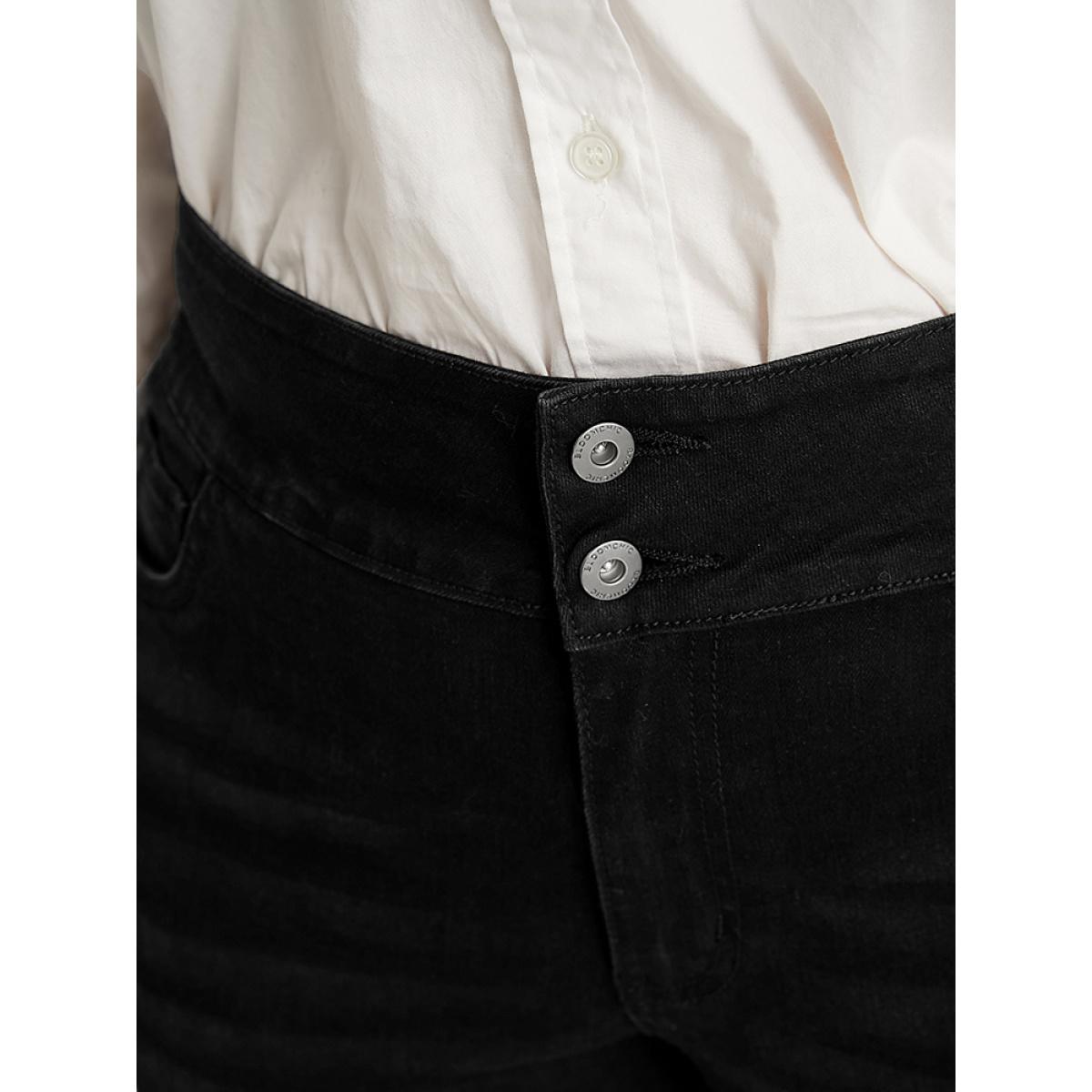 Plus Size Skinny Slightly Stretchy High Rise Black Wash Double Button Jeans Women Black Casual Plain Plain Low stretch Pocket Jeans BloomChic 14/1X Product Image