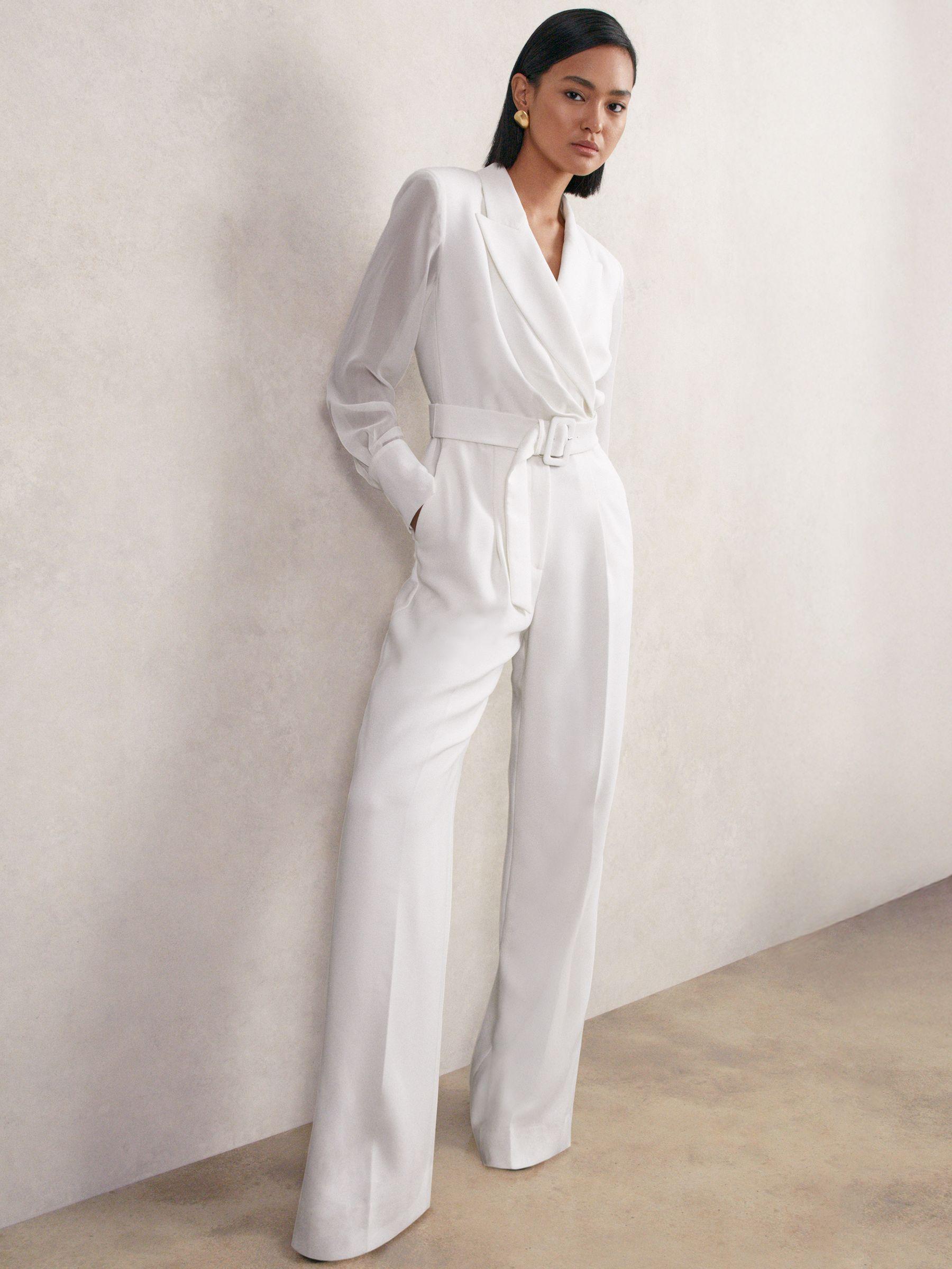 Sheer-Sleeve Wide-Leg Tuxedo Jumpsuit in Ivory Product Image