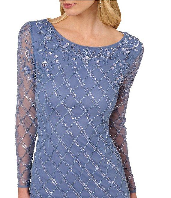 Adrianna Papell Boat Neck Illusion Long Sleeve Beaded Sheath Dress Product Image