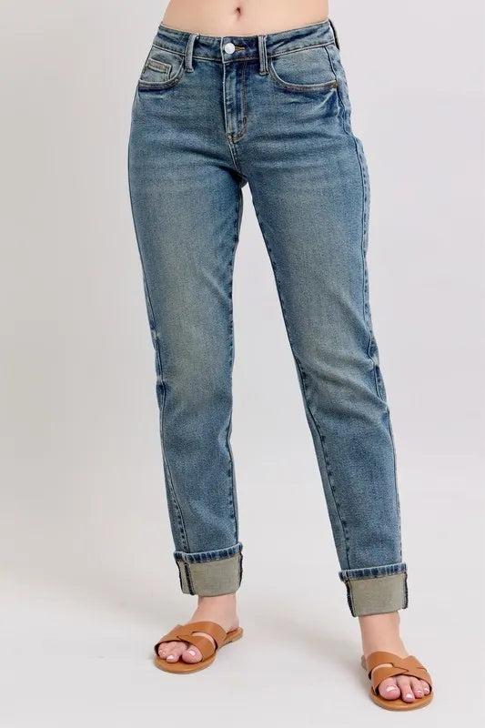 88946   Alina Mid-Rise Vintage Wash Double Roll Cuff Boyfriend Judy Blue Jeans Product Image