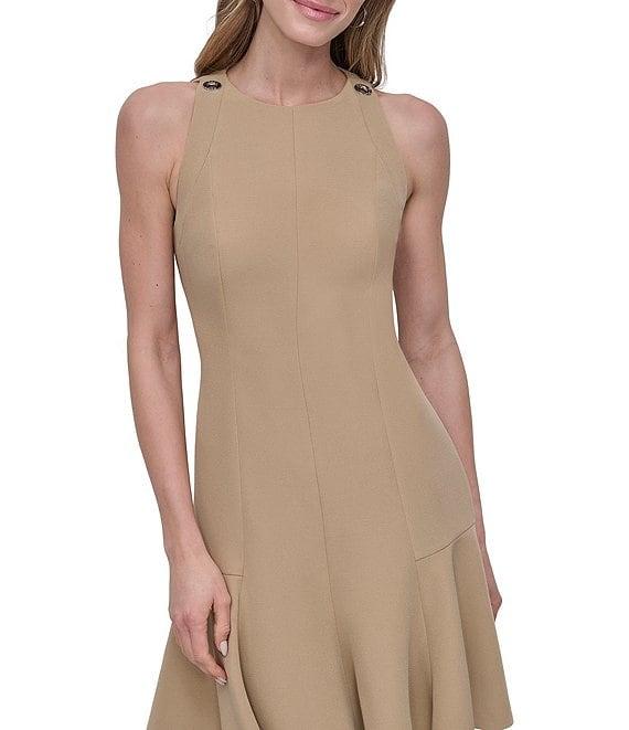 DKNY by Donna Karan Solid Crepe Crew Neck Sleeveless Flounce Hem Fit & Flare Dress Product Image