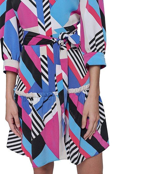 KARL LAGERFELD PARIS Silky Crepe Geometric Print Point Collar 3/4 Blouson Sleeve Belted A-Line Shirt Dress Product Image