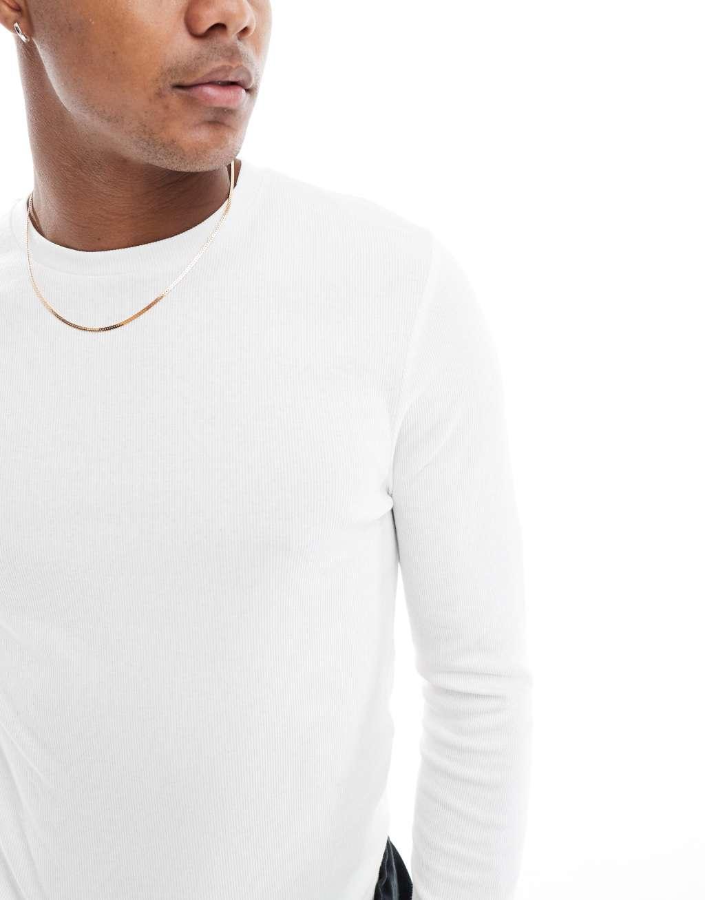 ASOS DESIGN essential muscle fit long sleeve ribbed T-shirt in white | ASOS Product Image