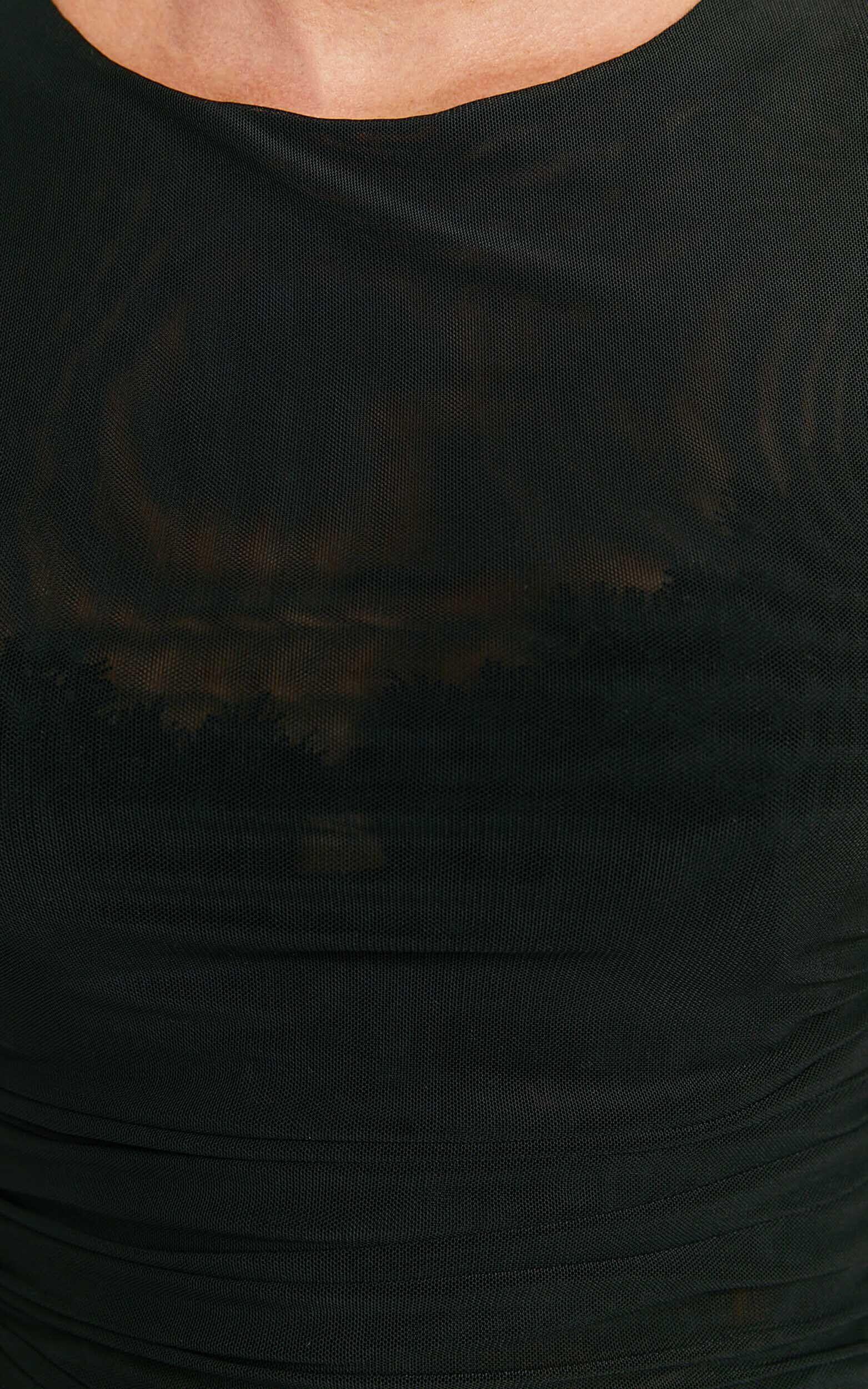 Alexis Top - Boat Neck Ruched Asymmetric Mesh Top in Black Product Image