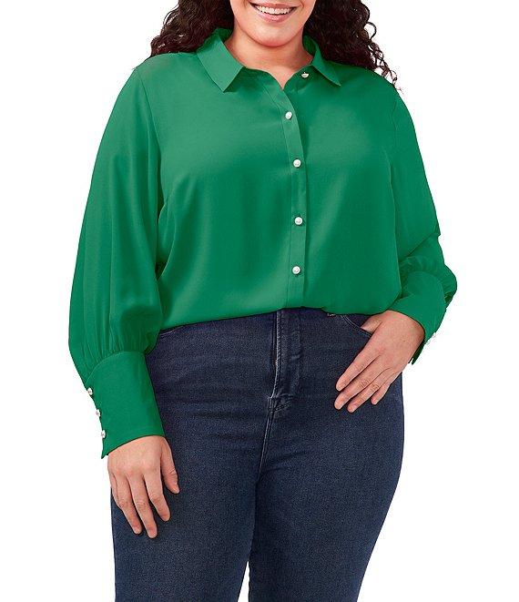 CeCe Plus Size Heavy Georgette Point Collar Long Sleeve Pearl Button Front Shirt Product Image