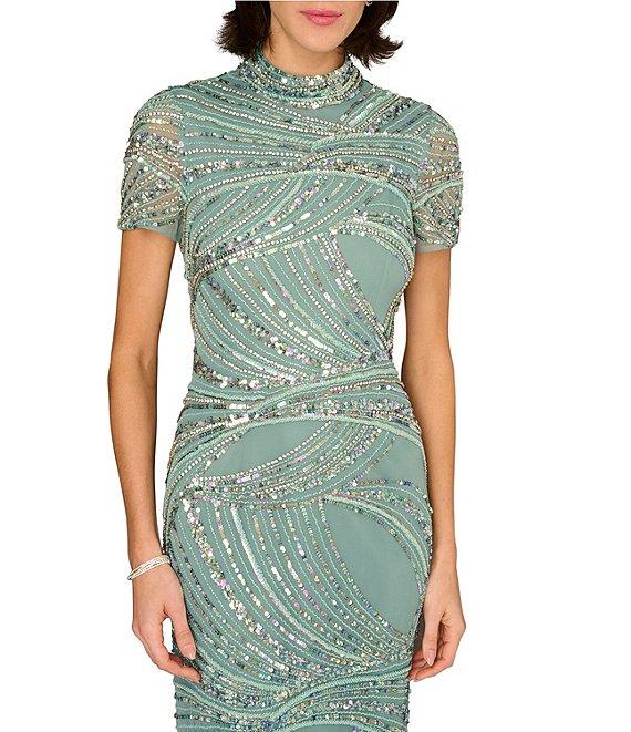 Aidan Mattox Beaded Mesh Short Sleeve Column Long Gown Product Image