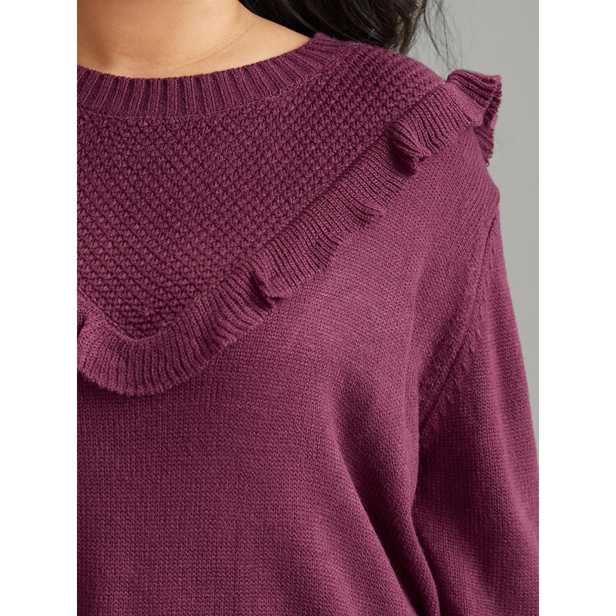 Plus Size Solid Flutter Trim Plisse Loose Pullover Burgundy Women Casual Loose Long Sleeve Round Neck Dailywear Pullovers BloomChic 28/5X Product Image