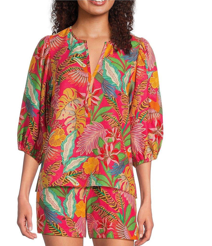 Gibson & Latimer Coordinating Floral Printed Split V-Neck 3/4 Puff Sleeve Top Product Image