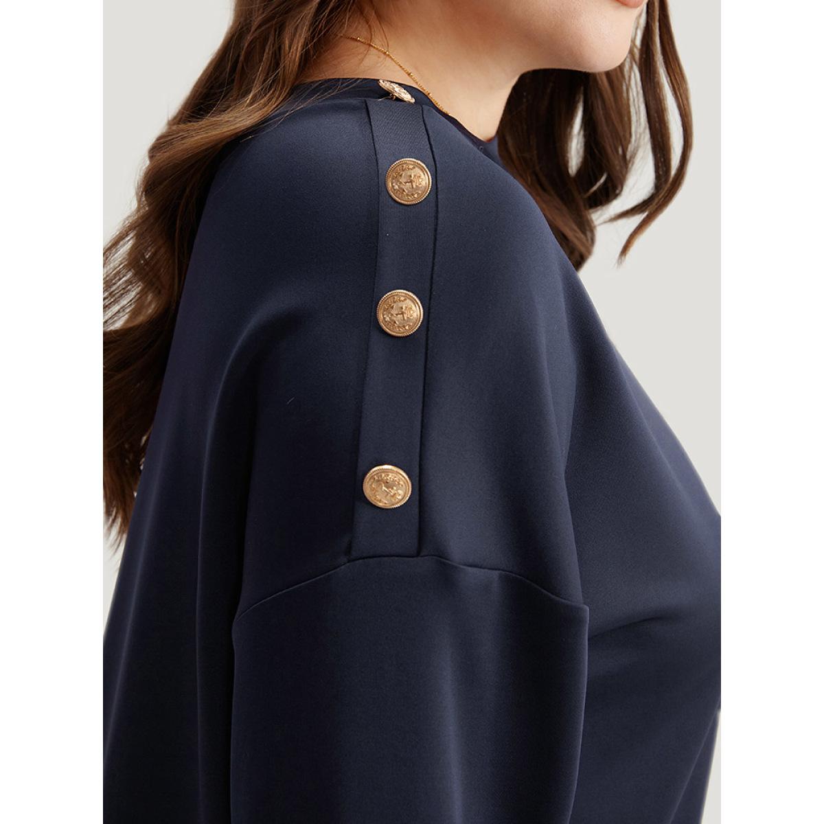 Plus Size Solid Button Detail Patchwork Sweatshirt Women Indigo Casual Elastic cuffs Round Neck Dailywear Sweatshirts BloomChic 14-16/1X Product Image