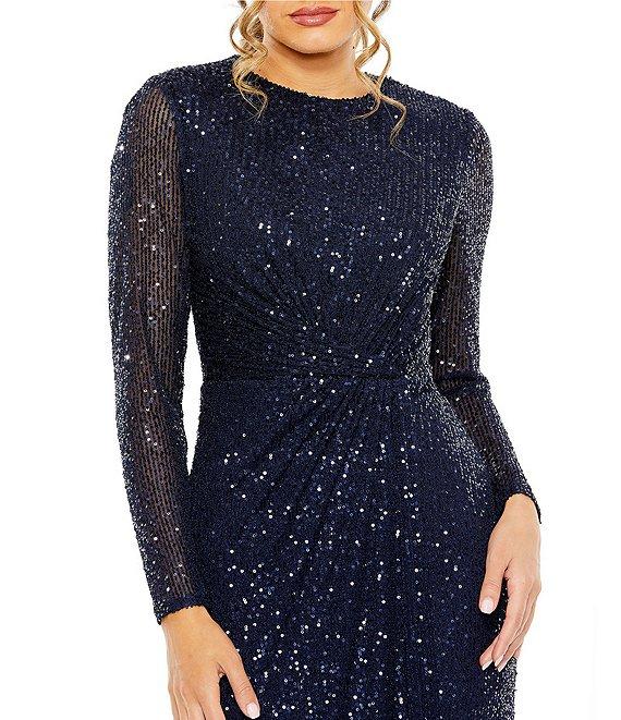 Mac Duggal Sequined Long Sleeve Side Knot Gown Product Image