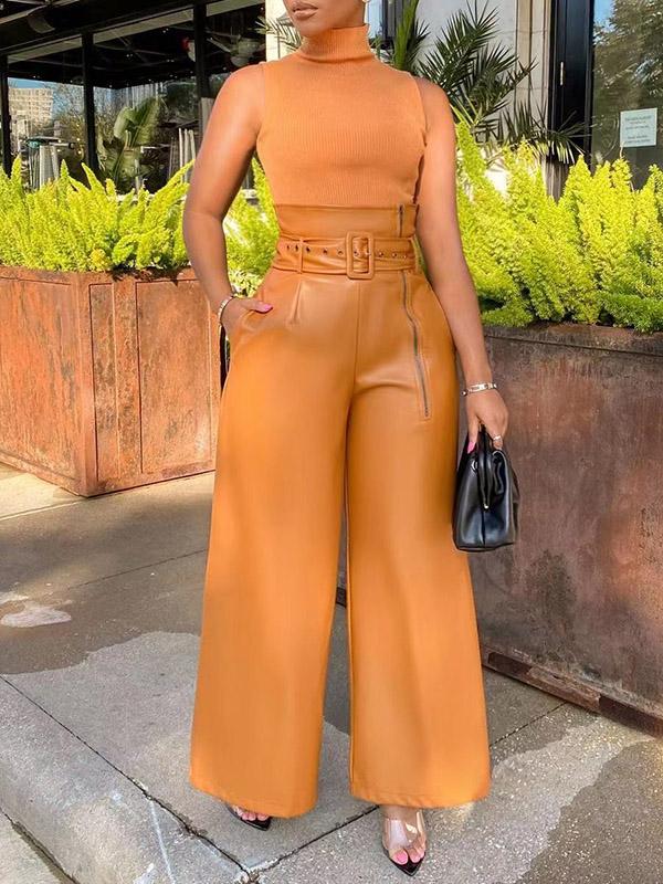 High Waisted Wide Leg Belted Solid Color Zipper Pants Trousers Product Image