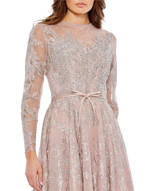 Mac Duggal Illusion Crew Neck Long Sleeve Beaded Tea Length A-Line Dress Product Image