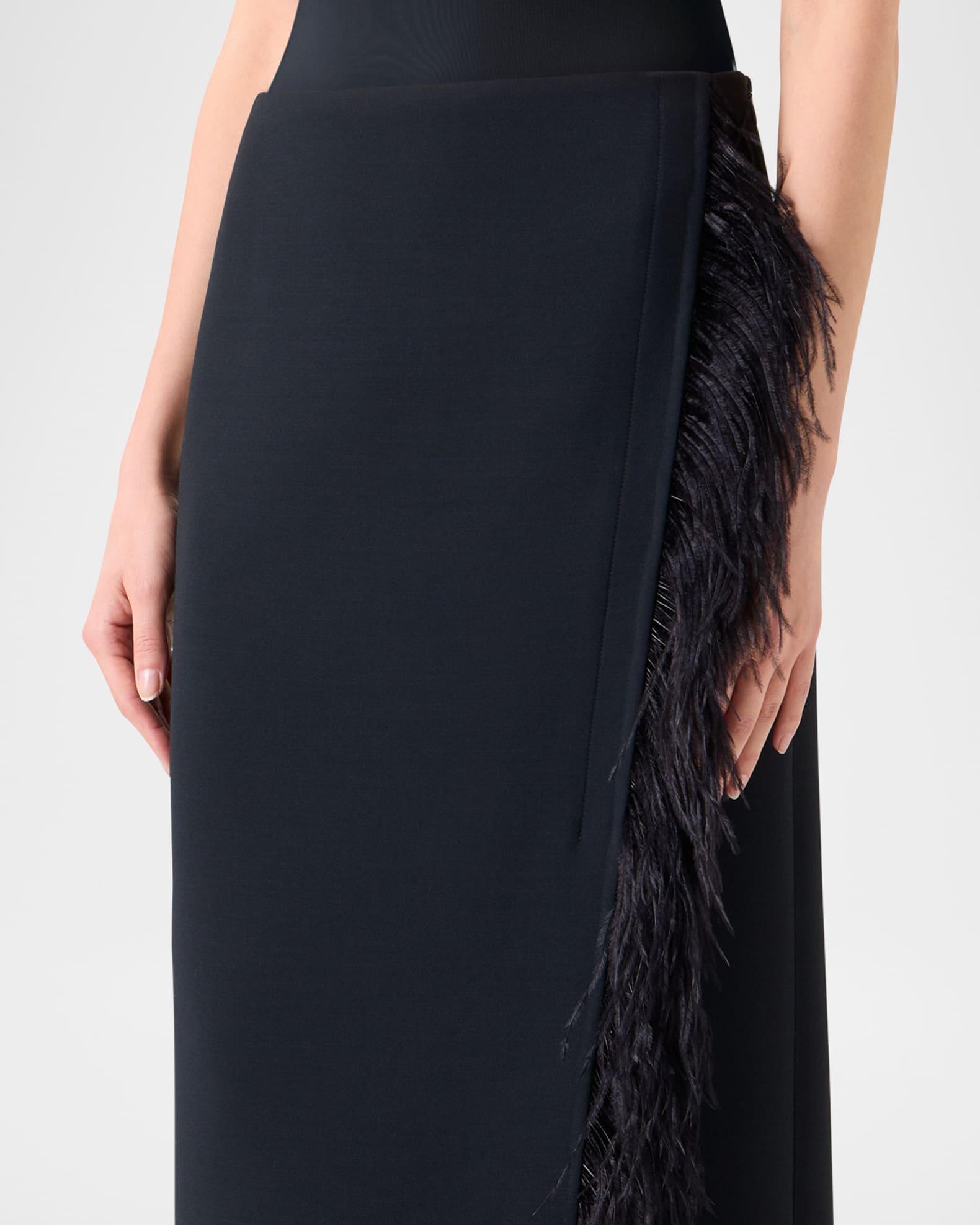 Feather-Trim Wool Stretch Double Face Midi Wrap Skirt Product Image