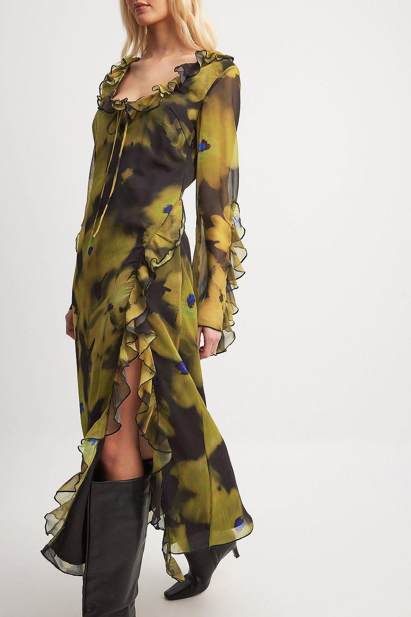 Ruffle Detail High Slit Maxi Dress Product Image