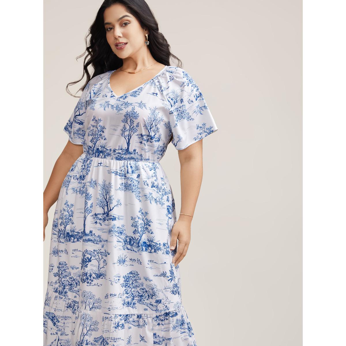 Plus Size Spring Dreams Stretchy-Waist Midi Dress LightBlue Women Elegant Gathered V-neck Short sleeve Curvy BloomChic 18-20/2X Product Image