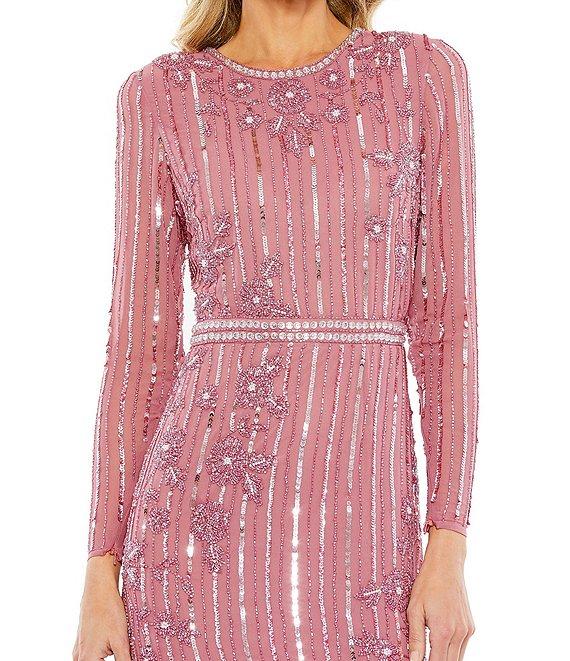 Mac Duggal Long Sleeve Beaded Sequin Flounce Asymmetrical Hem Dress Product Image