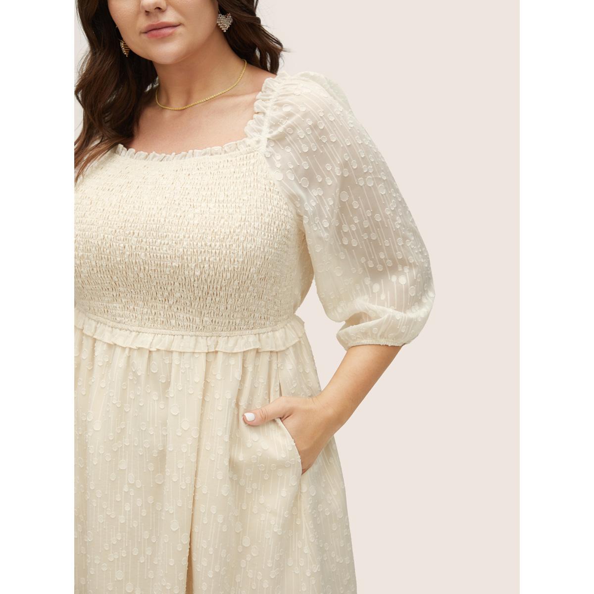 Plus Size Chiffon Shirred Mesh Frill Trim Pocket Dress Apricot Women Elegant Elastic cuffs Square Neck Long Sleeve Curvy Knee Dress BloomChic 10/M Product Image