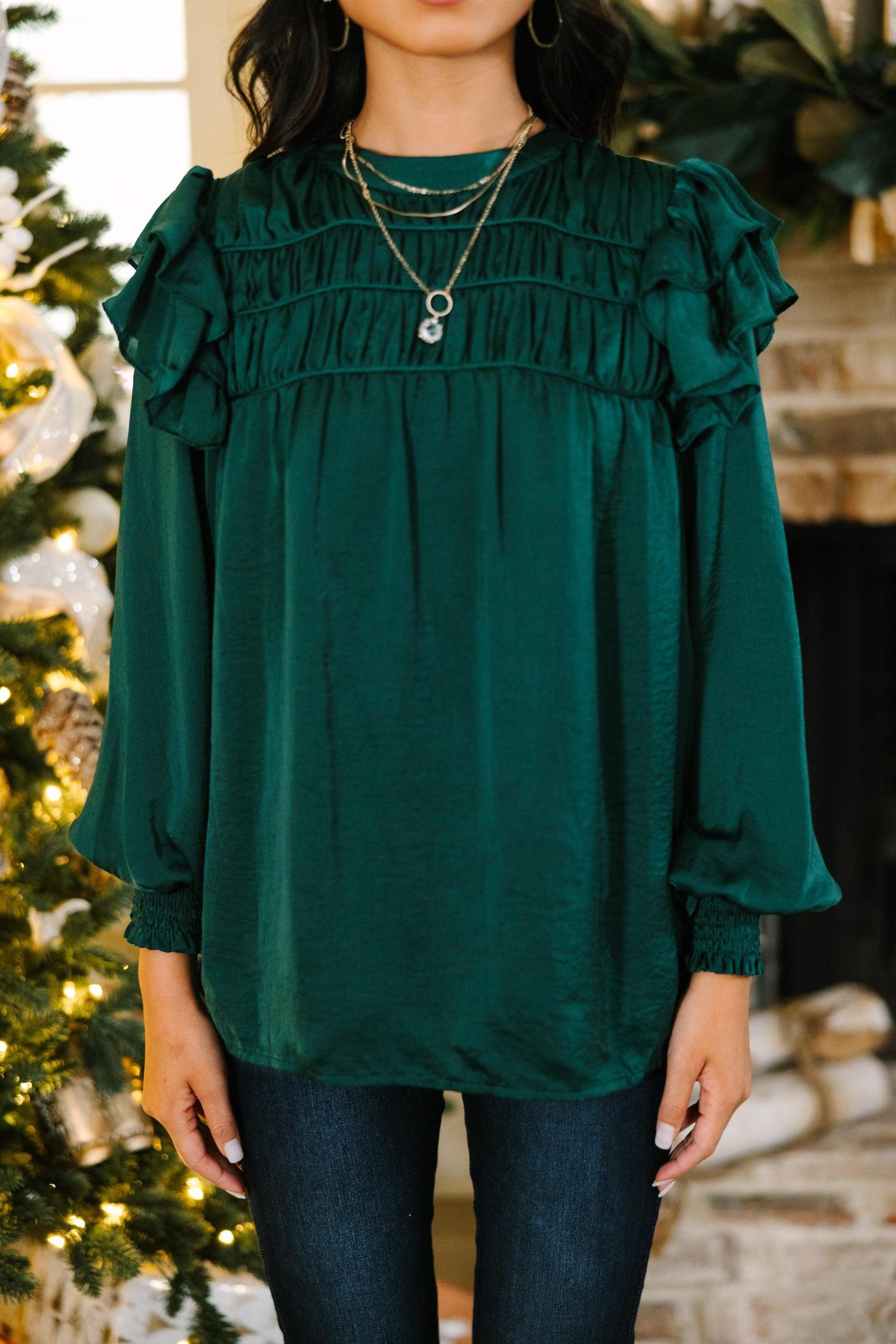 Going Out Hunter Green Ruffled Satin Blouse Female Product Image