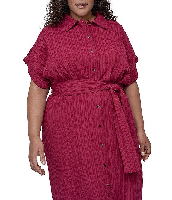 DKNY by Donna Karan Plus Size Crushed Dobby Short Sleeve Button Front Shirt Dress Product Image