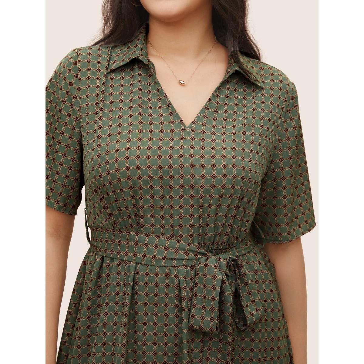 Plus Size Geometric Print Polo Neck Belted Dress Moss Women At the Office Belted Polo Short sleeve Curvy Midi Dress BloomChic 18-20/2X Product Image