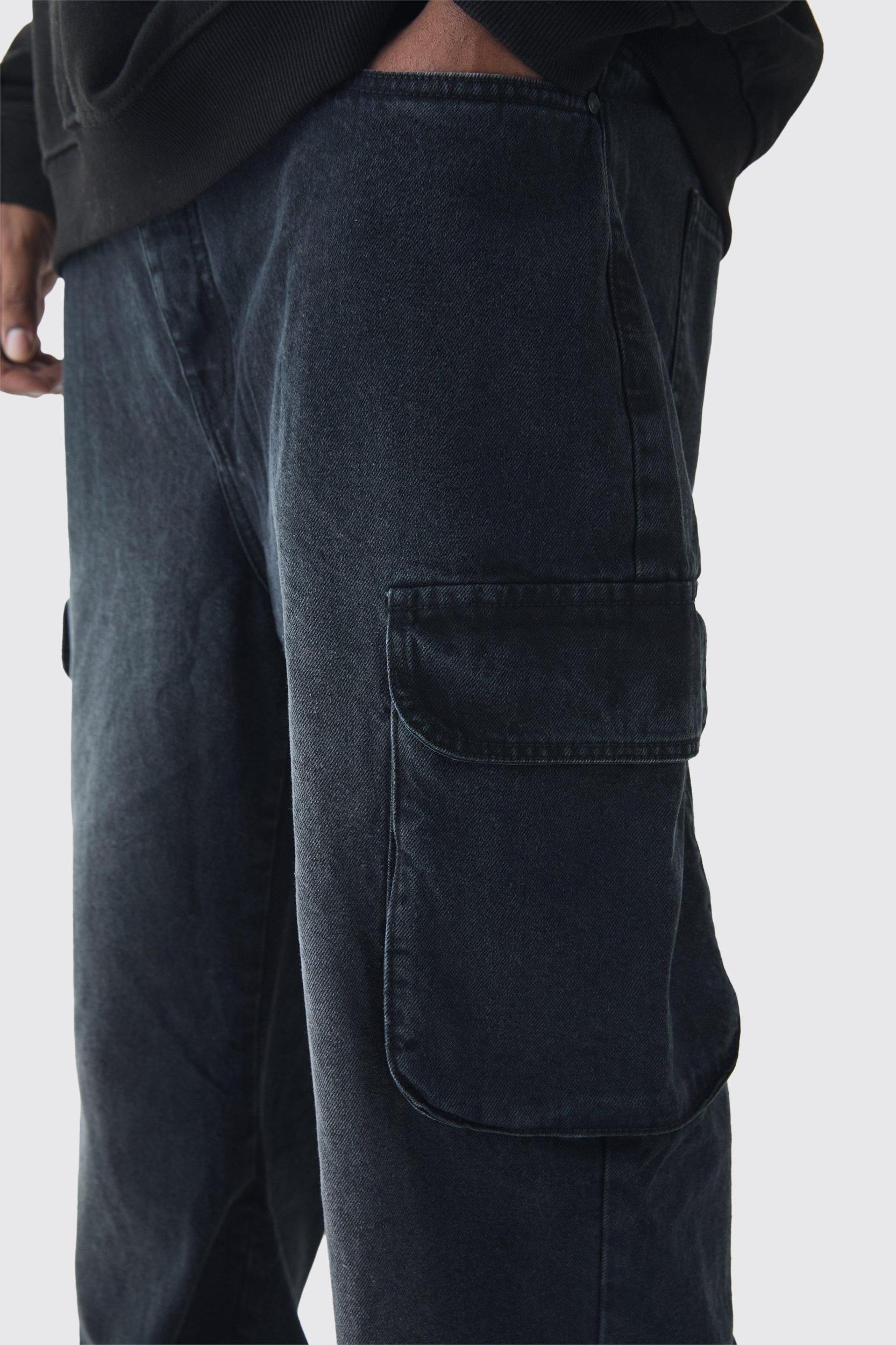 Plus Relaxed Rigid Flare Cargo Jeans | boohooMAN USA Product Image