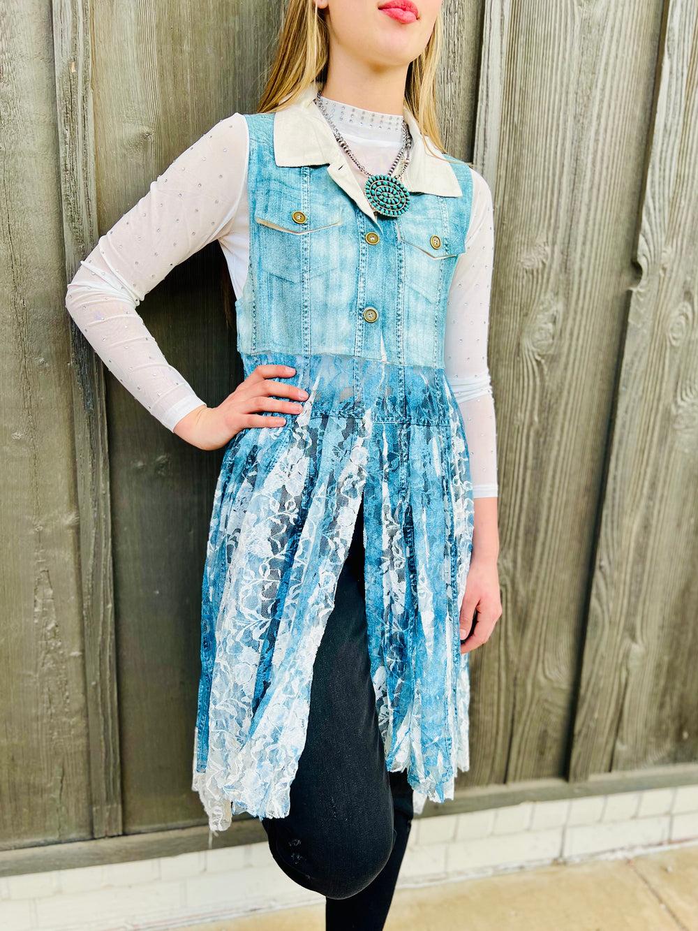 Denim Lace Layered Vest Cardigan* Product Image