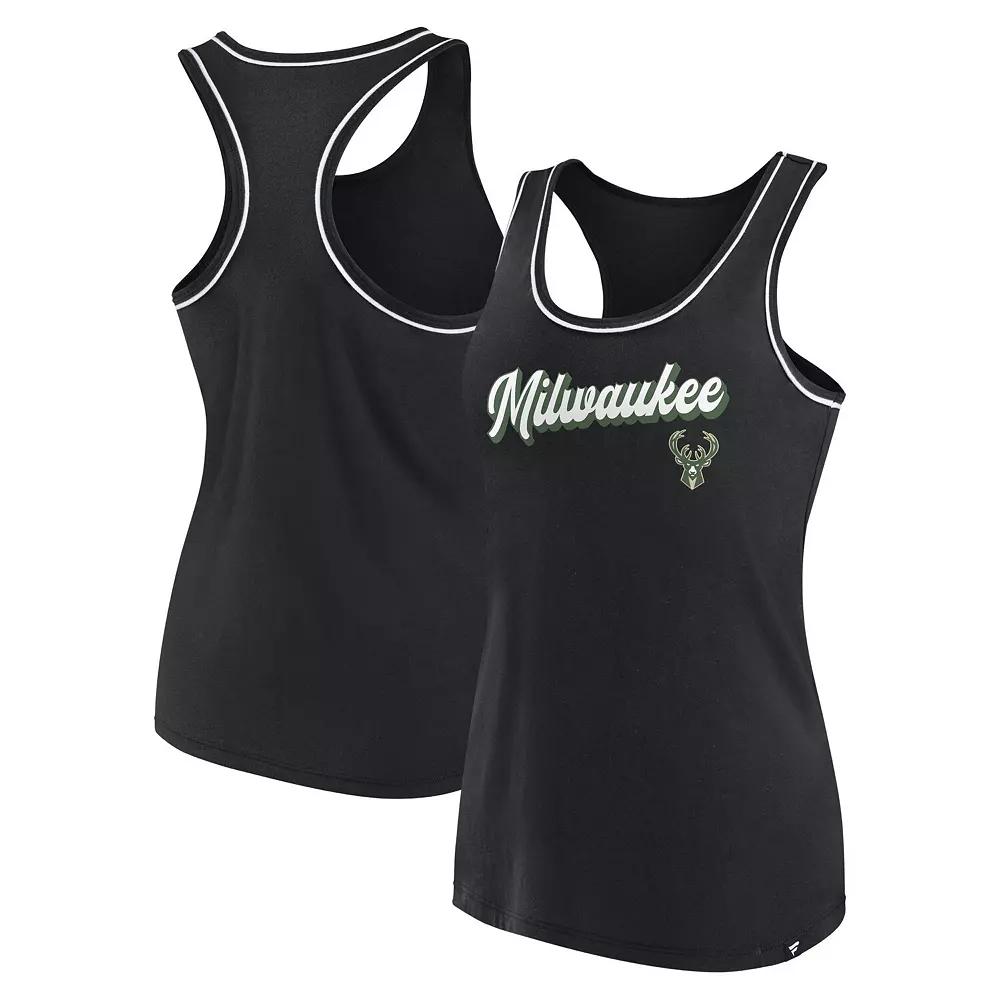 Women's Fanatics Branded Black Milwaukee Bucks Wordmark Logo Racerback Tank Top,  Product Image