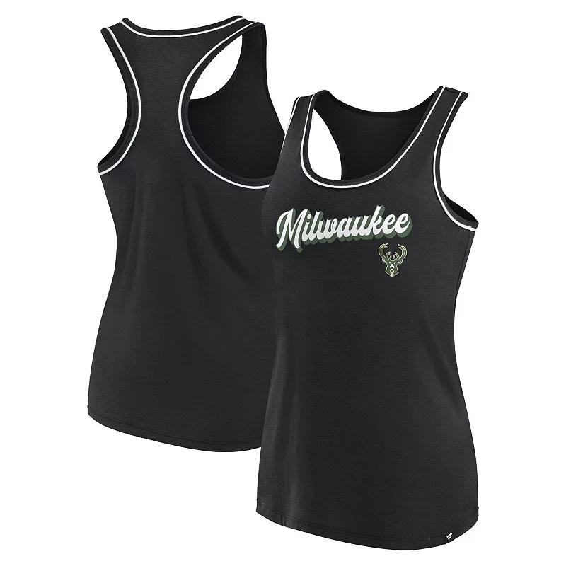 Women's Fanatics Branded Black Milwaukee Bucks Wordmark Logo Racerback Tank Top,  Product Image
